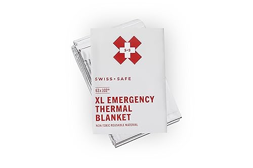 Swiss Safe Emergency Mylar Thermal Blankets + Bonus Space Blanket - Compact & Insulated for Cold Weather - Designed for NASA, Outdoor Camping, Survival, First Aid Car Kit - Silver, 4 Pack, XL