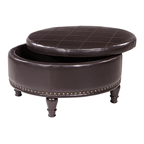 INSPIRED by Bassett OSP Home Furnishings Augusta Round Storage Ottoman with Decorative Nailheads and Flip Over Lid with Serving Tray Surface, Crimson Red Faux Leather