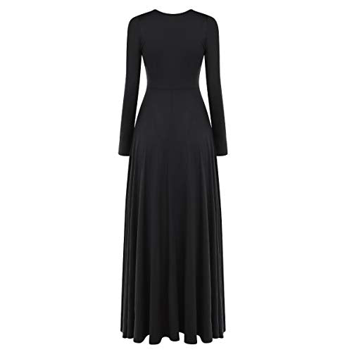 IDOPIP Praise Dance Dresses for Women Gold Metallic Liturgical Lyrical Dancewear Long Sleeves Dance Dress Loose Fit Full Length Robe Ruffle Tunic Skirt Worship Team Dresses Costume Black + Gold S