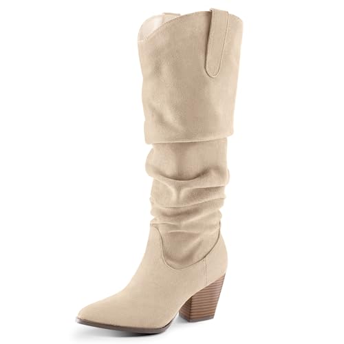 mysoft Women's Cowboy Knee-High Boots Pointed Toe Mid Chunky Heel Pull On Slouchy Boots with Zippers