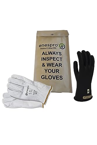 Enespro Class 00 Black Rubber Voltage Insulating Glove Kit with Leather Protectors, Max. Use Voltage 500V AC/ 750V DC (KITGC00B08)