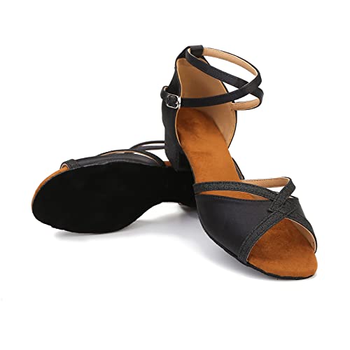 TTdancewear Low Cuban Heel Ballroom Dance Shoes Women Salsa Latin Dancing Practice Shoes for Beginners Glitter Comfortable 1.5 inch Heels B5.5 Black