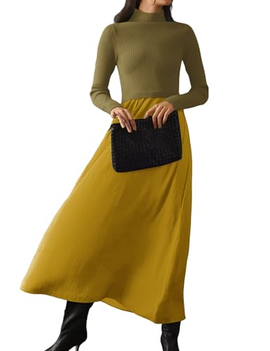 Labolliy Women Sweater Maxi Dress Casual Solid Mock Neck Long Sleeve Ribbed Knit Pullover Top Woven Flowy Long Dress Green