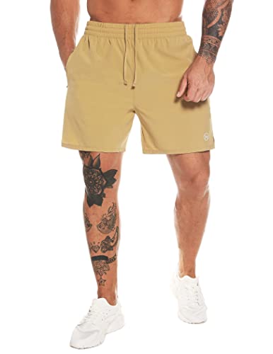 MOVEUP Shorts Athletic Loose Fit Zipper Jogging Shorts Gym Exercise Shorts Active Gym Training Sport Lightweight Shorts Khaki Small
