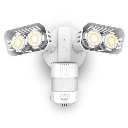 SANSI 28W 3500LM Motion Sensor Outdoor Lights, Dusk to Dawn Motion Sensor Eave Mount Security Lights Detector with 4 Mode 350W Equiv 5000K, IP65 Waterproof for Soffit, Garage, Yard (White) Hardwired