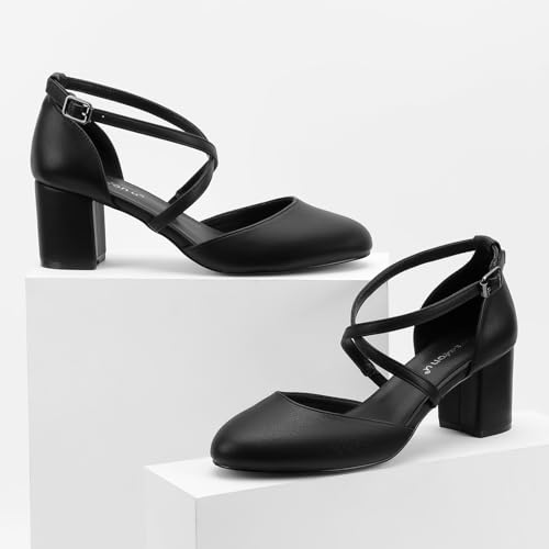 Greatonu Women's Nude Low Block Heeled Dress Pumps Closed Round Toe Cross Strap Wedding Bridal Party Office Shoes Size 6