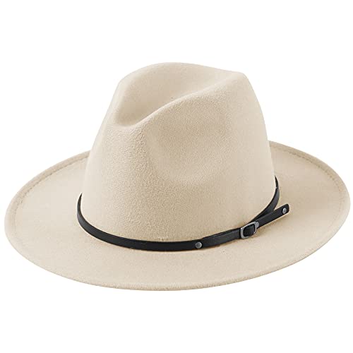 Lanzom Womens Classic Wide Brim Floppy Panama Hat Belt Buckle Wool Fedora Hat (One Size, Beige)