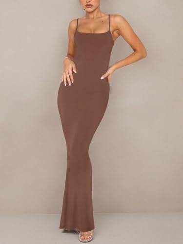 REORIA Women's Sexy Casual Lounge Slip Long Dress Elegant Wedding Guest Sleeveless Backless Ribbed Bodycon Maxi Dresses Coffee Medium