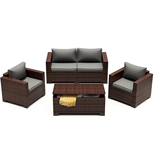 UDPATIO Patio Furniture Set with 44" Fire Pit Table, 7 Pieces Outdoor Furniture Sets, Wicker Rattan Patio Conversation Sets with Ottoman and Waterproof Covers for Porch Deck Backyard, Khaki