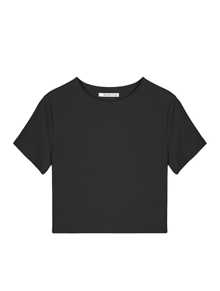 REORIA Women's Summer Cute Short Sleeve High Neck Double Lined Tight Casual Basic T Shirts Yoga Crop Tops Tees Black Medium