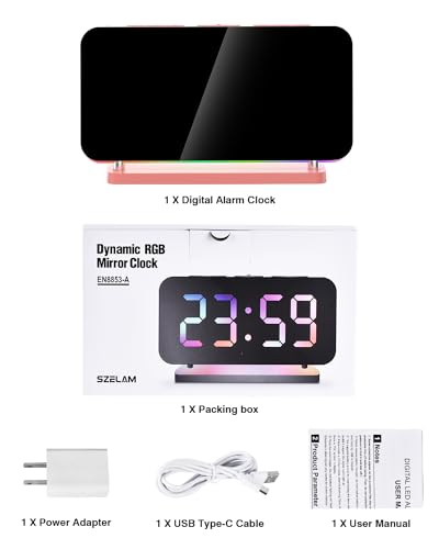 SZELAM Alarm Clock for Bedroom,7.4" Mirror Digital Clocks Large Display,with RGB Night Light, USB C Charger Port,Auto Dimming,LED Desk Clock for Kid Teen Girl Adults Room - Pink