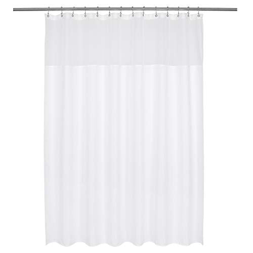 Barossa Design Long and Wide Fabric Shower Curtain with Sheer Window 78 x 78 inch, Waffle Weave, Hotel Grade, 230GSM Heavyweight, Water Repellent, Machine Washable, White, 78x78
