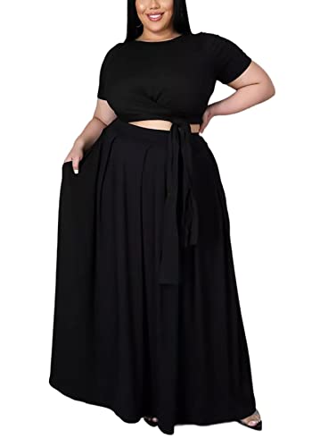 Womens Sexy Plus Size 2 Piece Dress Outfits Short Sleeve Bandage Wrap Empire Crop Tops and Skirt Sets-Black