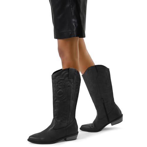 mysoft Women's Cowboy Boots Mid Calf Cowgirl Boots Embroidered Western Pointed Toe Chunky Heel Pull On Knee High Boots