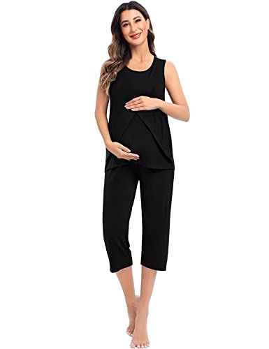 SWOMOG Women's Maternity Pajama Sets Sleeveless Pregnancy Pj Set Nursing Breastfeeding Sleepwear Set Adjustable Waistband Black