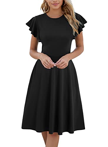 Fit and Flare Dress for Womens Petite Elegant Vintage Ruffle Sleeves V-Back Casual Work A-Line Cocktail Party Dresses with Pockets 842 Navy Blue S
