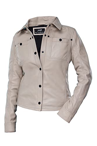 Jild Womens Button Front Lambskin Leather Jacket Shacket - Casual Shirt Long Sleeve Leather Jacket Women with Bust Pocket (Yellow-S)