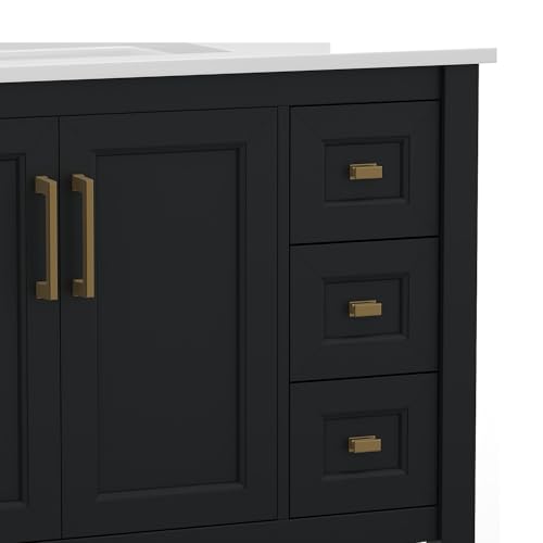Flash Furniture Vega 36 Inch Bathroom Vanity with Sink, Storage Cabinet with Soft Close Doors, Open Shelf and 3 Drawers, Carrara Marble Finish Countertop, Black/Gold