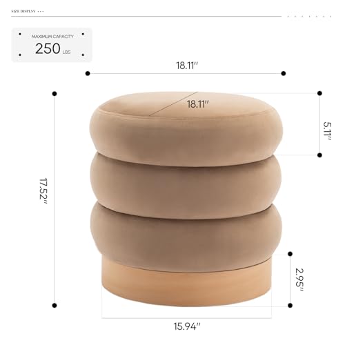 COLAMY Velvet Ottoman Footstool, Tufted Modern Foot Rest Stool with Wood Base for Living Room, Bedroom, Desk, Round Versatile Side End Table, Pouf, Makeup Seat, Camel