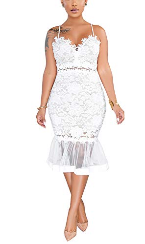 Women Sexy Long Sleeve Floral Lace Dress Mesh Sheer Spaghetti Strap Prom Gowns Bodycon Mermaid Midi Dress
