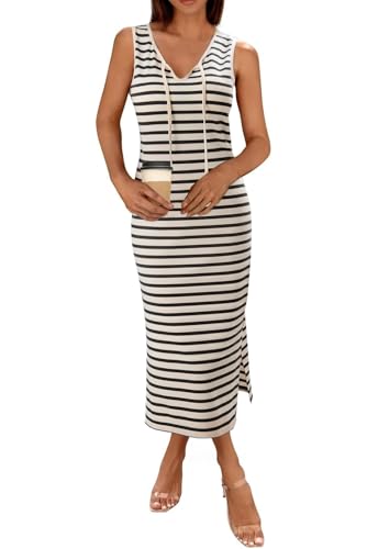 BLENCOT Womens Sleeveless Striped Racerback Maxi Sundresses Backless Beach Long Tank Dresses Gray XL