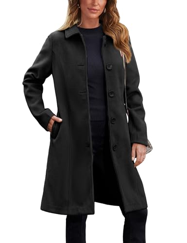 UANEO Womens Pea Coat Faux Wool Single Breasted Long Trench Coat Peacoat Dress Coat Winter (Black-S)