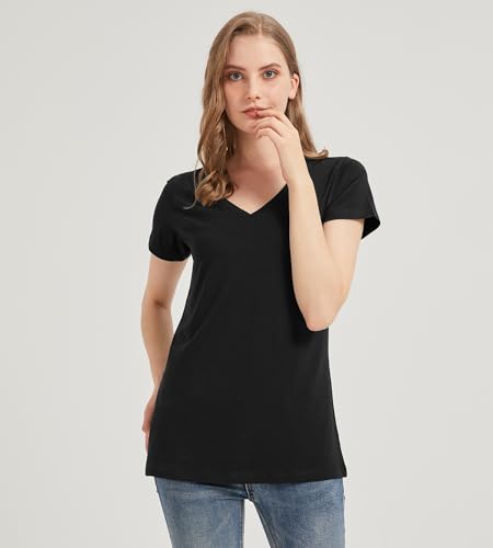 netdraw Women's Ultra-Soft Bamboo Viscose V-Neck T-Shirt Long Sleeve Trendy Casual Sleep Pajama Tops, Black, Small