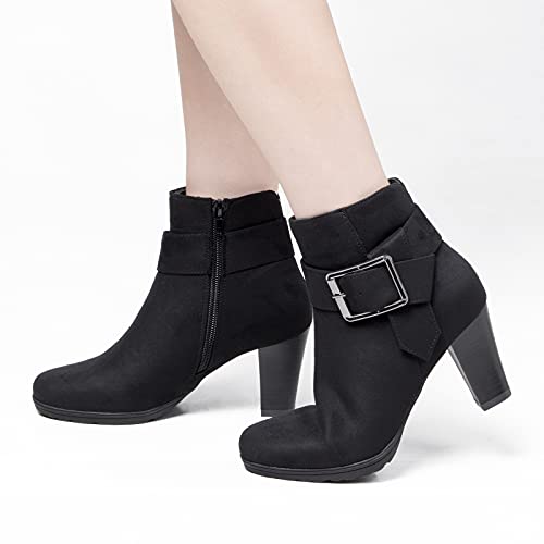 mysoft Women's Wide Width Ankle Boots Chunky Heel Ankle Strap Buckle Booties with Zipper