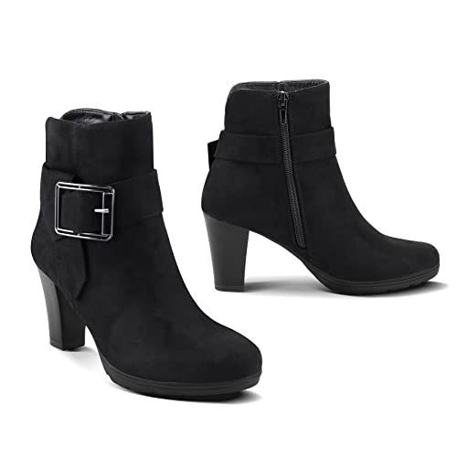 mysoft Women's Wide Width Ankle Boots Chunky Heel Ankle Strap Buckle Booties with Zipper