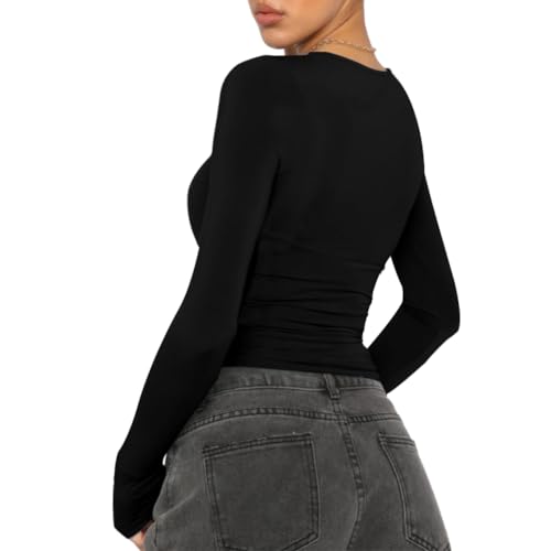 SUPOMAX Basic Long Sleeve Tops for Women Slim Fit Crew Neck Going Out Shirts Trendy Streetwear (US, Alpha, X-Small, Regular, Regular, Black)