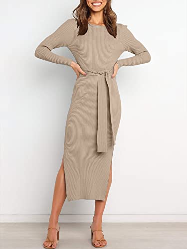 ANRABESS Womens Long Sleeve Sweater Dress Crew Neck Slim Fit Slit Tie Waist 2025 Ribbed Knit Bodycon Midi Dress Fall Outfits Khaki Small