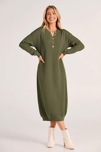 PRETTYGARDEN Women's 2024 Fall Knit Sweater Dress Long Sleeve Button V Neck Loose Casual Maxi Dresses (Army Green,Small)