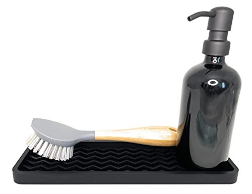 Happitasa Silicone Kitchen Sink Organizer Tray, Sponge Holder and Countertop Protector | Bathroom and Kitchen Soap Dish and Dispenser Tray (Black, 10" x 5.25", 10.3 Ounces, Zigzag)