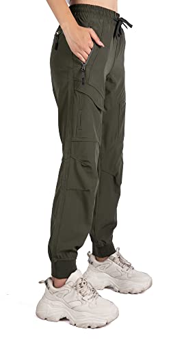 Singbring Women's Athletic Hiking Cargo Joggers Pants Outdoor Lightweight Workout Quick Dry UPF 50 Zipper Pockets (AGreen88-XS)
