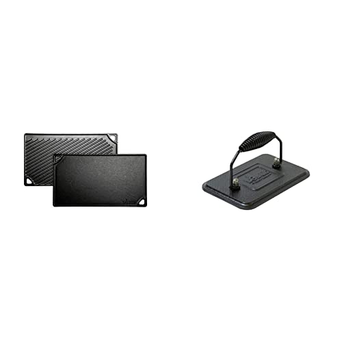 Lodge Reversible Cast Iron Grill/Griddle – 9.5 x 16.75 Inch Pre-Seasoned Cooking Surface – Flat & Ribbed Sides – Use on Stove, Grill, or Campfire – Made in the USA – Heavy-Duty, Black