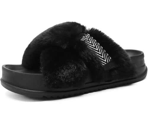 KuaiLu Women's Fuzzy Criss Cross Band Platform Slippers Comfortable Furry Faux Fur Ladies Open Toe Orthotic Arch Support Slides Sandals Plantar Fasciitis Slip on House Shoes Indoor Outdoor Beige 6