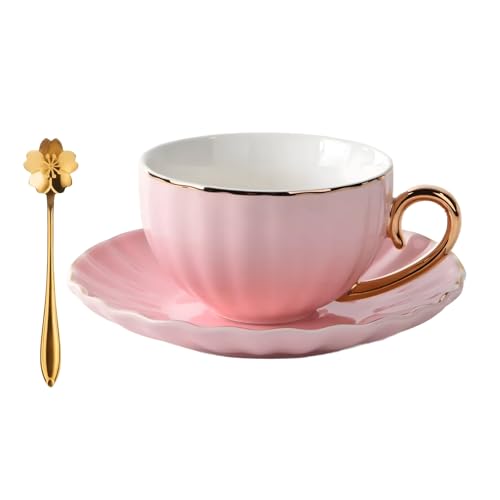 ICHAG Tea Cups and Saucers Set, Tea Cup Set, Cappuccino Cup, 7oz Vintage Porcelain Teacup and Saucer Set with Golden Spoon, Latte Cups, Coffee Cup Set for Women's Tea Party, Home Office Gifts (1pc)