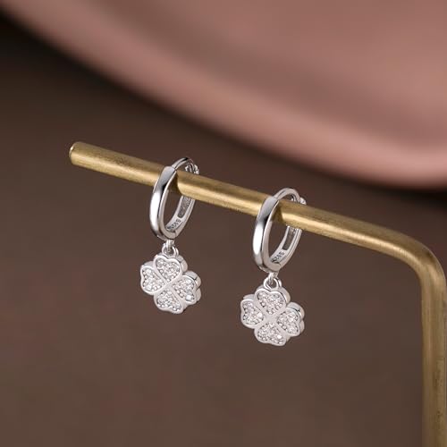 SLUYNZ 925 Sterling Silver CZ Clover Hoop Earrings Dangle for Women Teen Girls Lucky Clover Leaf Huggie Earrings Flower Drop (A-Silver)