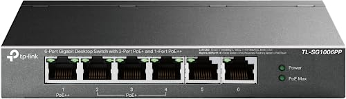 TP-Link TL-SG1006PP | 5 Port PoE Switch | 3 PoE+ and 1 PoE++ Ports @64W, w/ 2 Uplink Gigabit Ports | Sturdy Metal | Plug & Play | Extend Mode | PoE Auto Recovery | QoS & IGMP