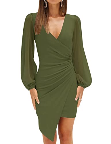 ZESICA Women's Wrap V Neck Bodycon Mini Dress Puff Long Sleeve Ruched Asymmetrical Hem Cocktail Party Short Dresses,Red,Small