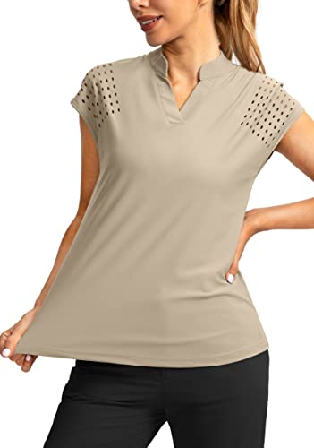 Soothfeel Women's Golf Shirt Cap Sleeve V Neck Polo Shirts Lightweight Quick Dry Workout Tennis Shirts Tops for Women(Black, L)