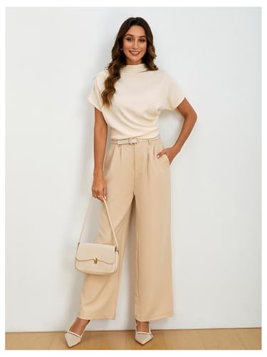 SweatyRocks Women's Casual Short Sleeve Mock Neck Tee Top Asymmetric Ruched Plain T Shirt Beige S