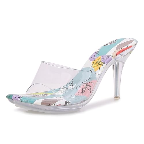 MAIERNISI JESSI Clear Heels for Women Sandals Transparent Sexy Stilletos Heels Slip on Wedding Dress Heel Mules Pattern Print Blue 36 - US 6