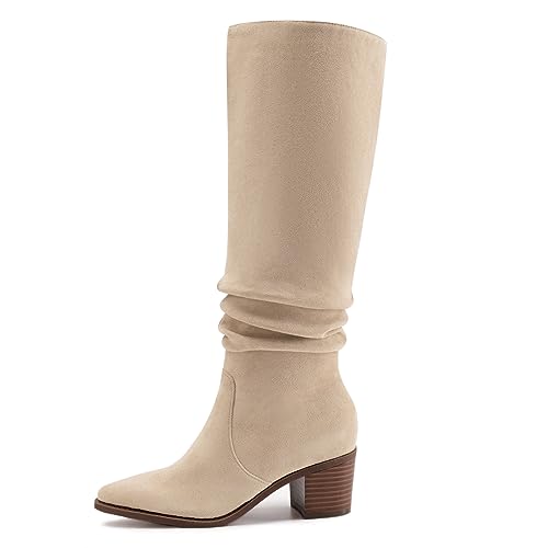 Athlefit Womens Knee High Chunky Heel Boots Faux Suede Pointed Toe Side Zipper Brown Boots Size 11