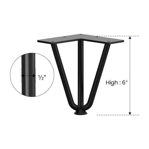 SMARTSTANDARD Hairpin Table Legs 40 Inch, 1/2'' in Diameter 3 Rods, Metal Home DIY Projects for Nightstand, Coffee Table, Dresser with Rubber Floor Protectors, Black, 4PCS