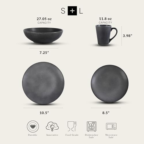 Stone Lain Grao Stoneware 16-Piece Dinnerware Set, Grey