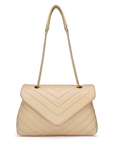 PRETTYGARDEN Women’s Fashion Crossbody Bags Lightweight Adjustable Chain Strap Quilted Designer Handbags Shoulder Bag (Beige)