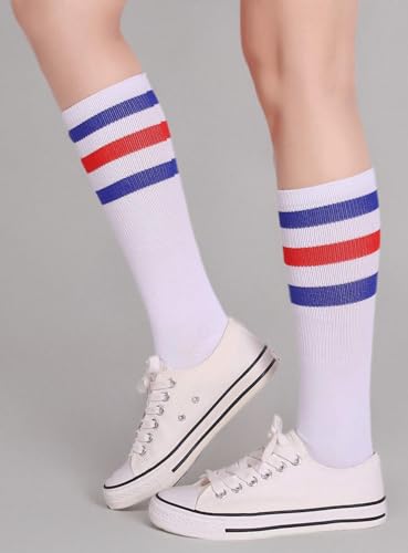 Pareberry Classic Triple Stripes Soft Cotton On the Calf Retro White Tube Socks (A-pair(Blue/Red/White))