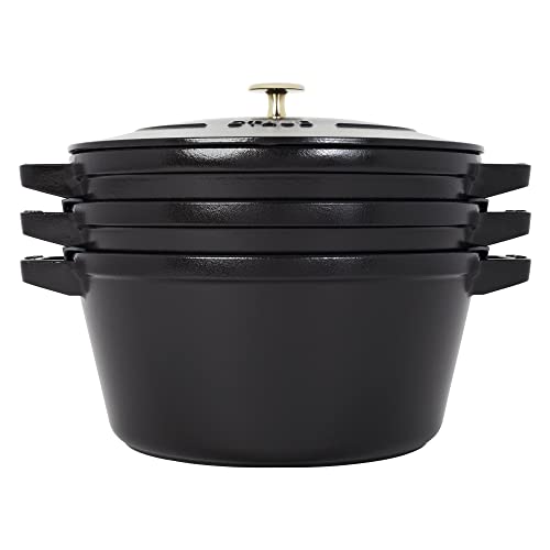 STAUB Cast Iron Set 4-pc, Stackable Space-Saving Cookware Set, Dutch Oven, Skillet, Grill Pan & Ceramic Baking Dish Set, 3pc, Cherry
