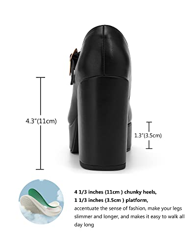 Coutgo Black Platform Heels for Women T-Strap Patent Chunky Heel Mary Jane Shoes